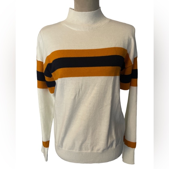 Women’s High Neck Sweater Orange/ Navy Strip Size Large NWOT - Picture 2 of 6